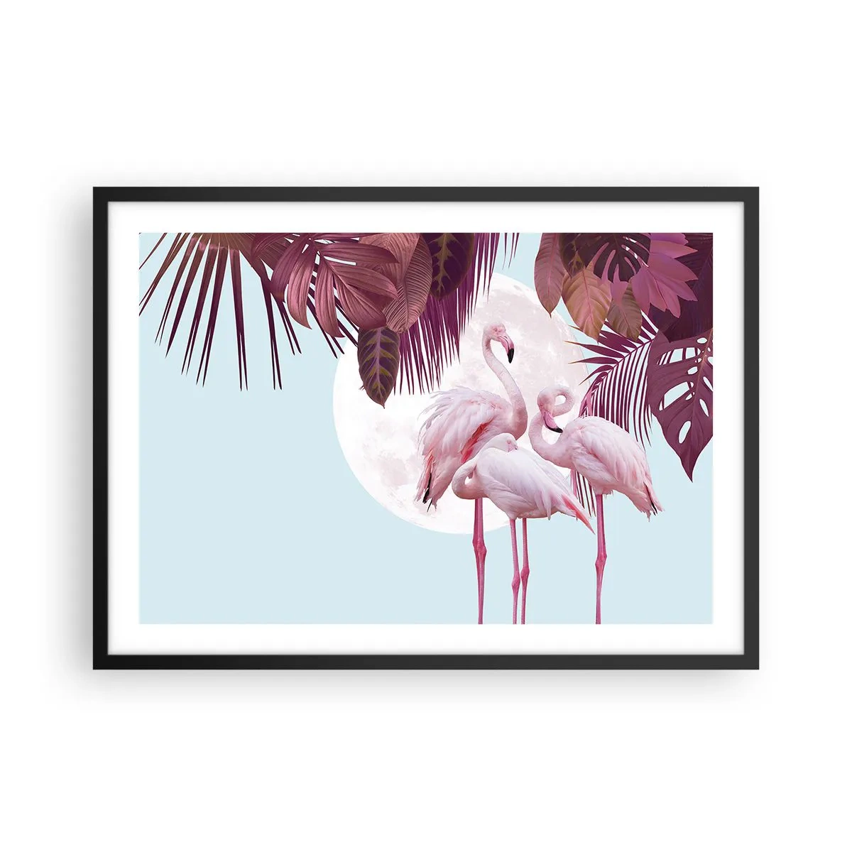 Poster in einem schwarzem Rahmen - Rosa Flamingos vor dem Hintergrund des Mondes und tropischer Blätter - 70x50cm - Drei Vogelgnaden - Moderne Wanddekoration für Wohnzimmer und Schlafzimmer ARTTOR