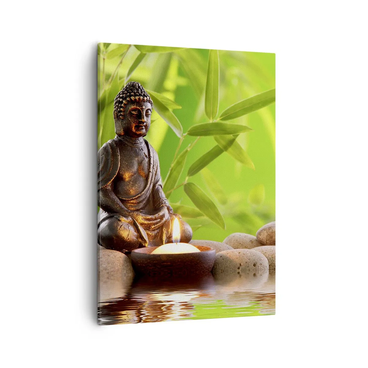 Bild auf Leinwand - Leinwandbild - Buddha-Figur mit Steinen und einer Kerze vor Bambus-Hintergrund - 50x70cm - Das Leben ist wunderschoen - Moderne Wanddekoration für Wohnzimmer und Schlafzimmer ARTTOR