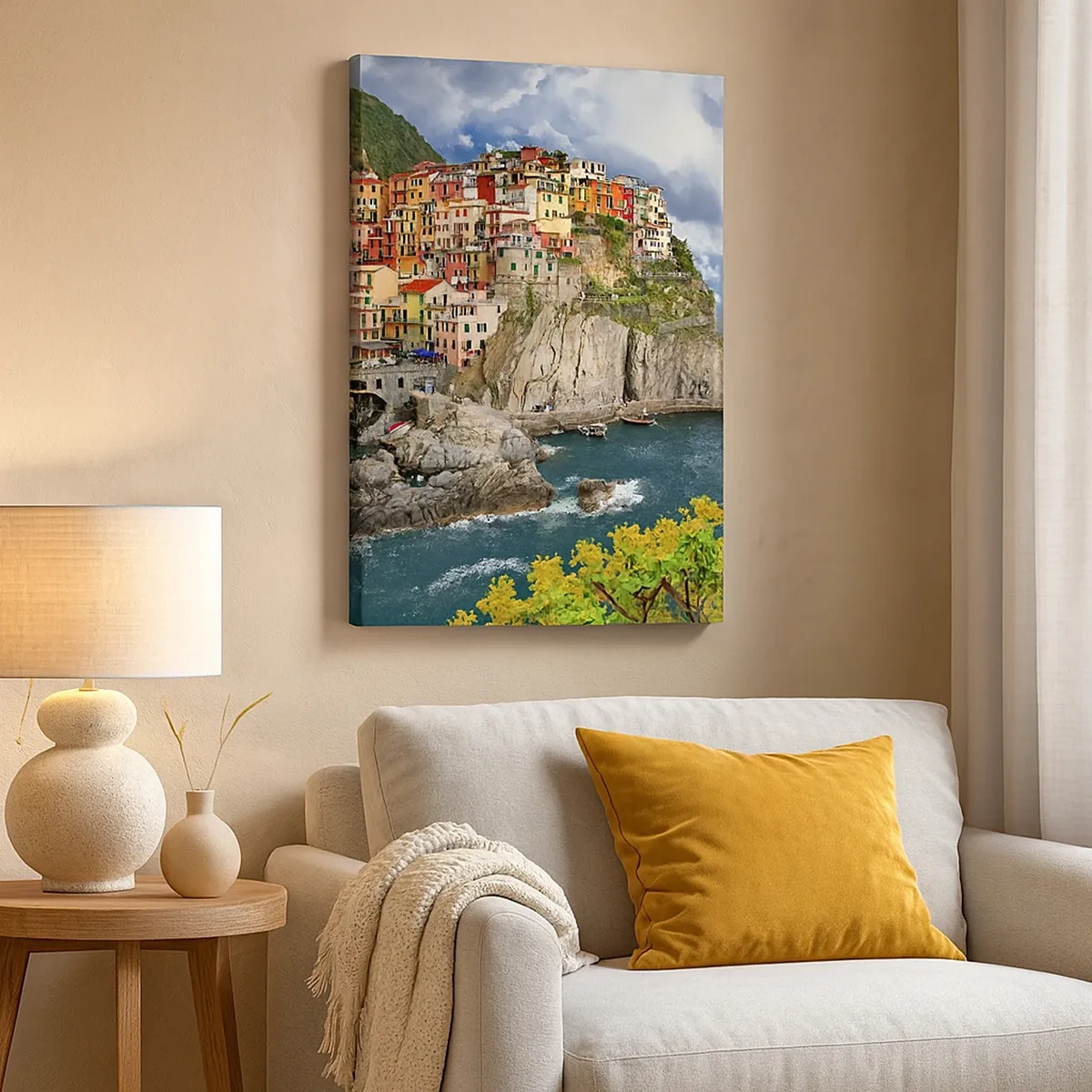 Bild auf Leinwand - Leinwandbild - Bunte Häuser auf einer Klippe mit Blick auf das Meer in Cinque Terre - 50x70cm - Eine Gruppe umarmt die Felsen - Moderne Wanddekoration für Wohnzimmer und Schlafzimmer ARTTOR