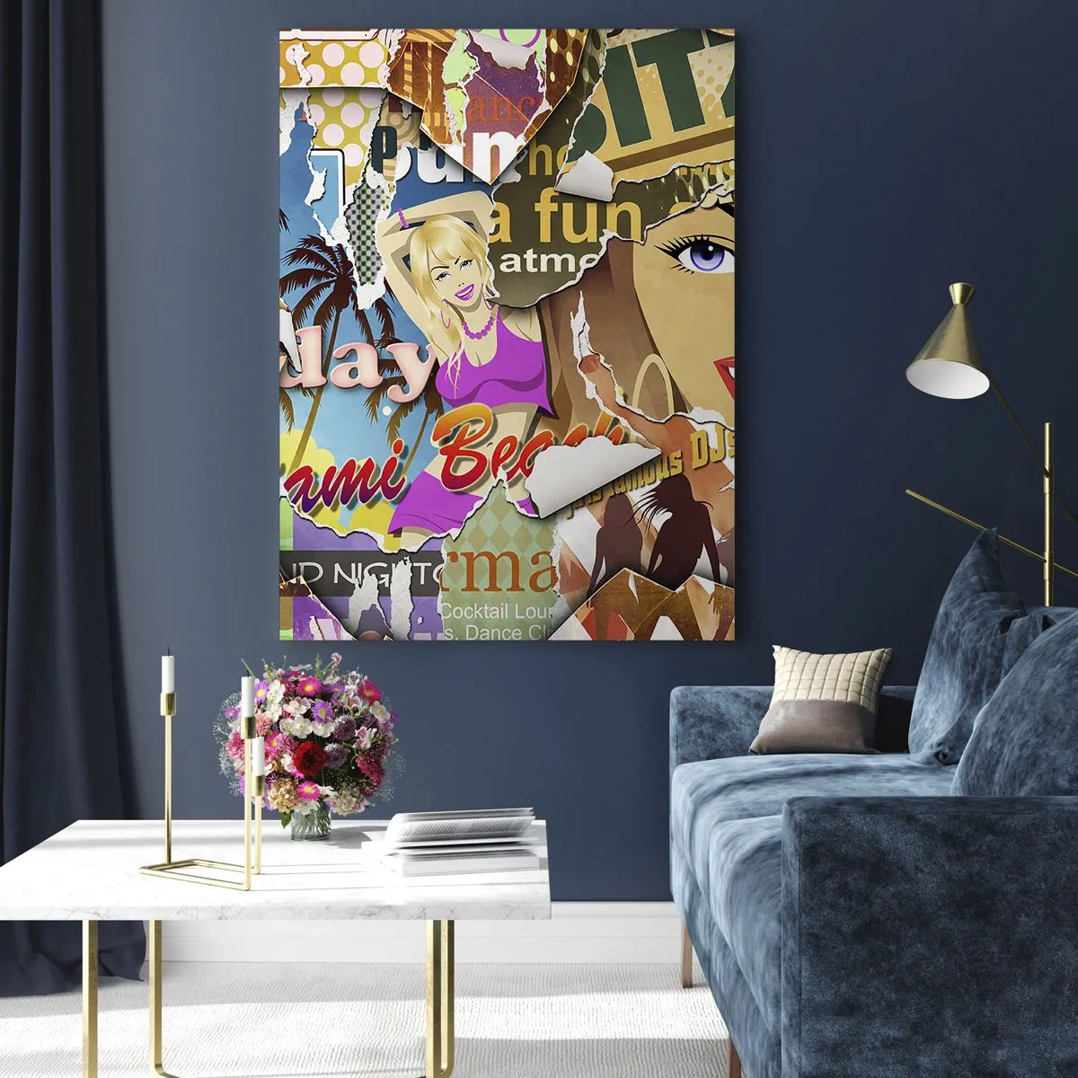 Glasbild - Bild auf glas - Eine farbenfrohe Collage mit Retro- und Pop-Art-Elementen. - 80x120cm - Sommer Rückblicke - Moderne Wanddekoration für Wohnzimmer und Schlafzimmer ARTTOR