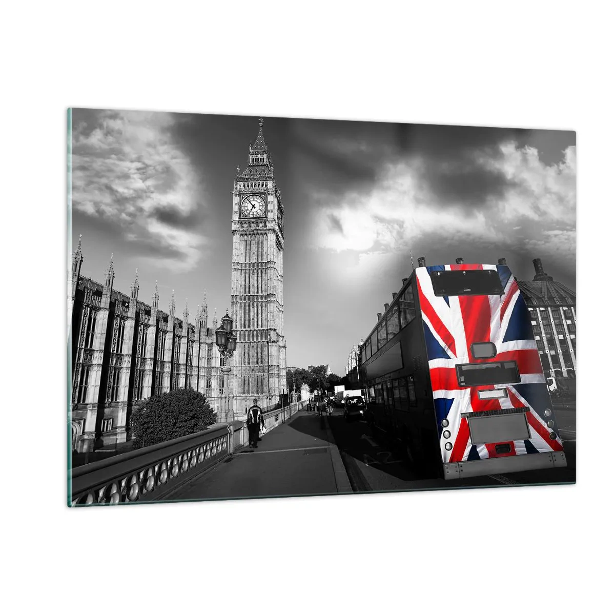 Glasbild - Bild auf glas - Big Ben und ein Bus mit britischer Flagge - 120x80cm - Stolz und toll - Moderne Wanddekoration für Wohnzimmer und Schlafzimmer ARTTOR