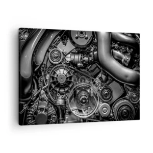 Bild auf Leinwand - Leinwandbild - Schwarz-Weiß-Nahaufnahme der mechanischen Details eines Automotors. - 70x50cm - Die Poesie der Mechanik - Moderne Wanddekoration für Wohnzimmer und Schlafzimmer ARTTOR