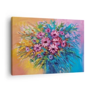 Bild auf Leinwand - Leinwandbild - Bunte Blumen in einem Strauß vor pastellfarbenem Hintergrund - 70x50cm - Lebensenergie - Moderne Wanddekoration für Wohnzimmer und Schlafzimmer ARTTOR