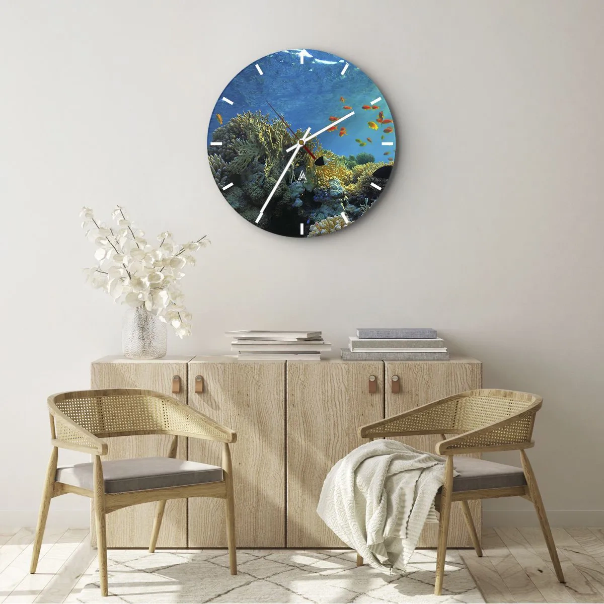 Wanduhr - Glasuhr - Buntes Korallenriff mit Fischen in den Sonnenstrahlen - 30x30cm - Unterwasserschätze - Moderne Wanddekoration für Wohnzimmer, Küche und Schlafzimmer ARTTOR