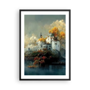 Poster in einem schwarzem Rahmen - Eine Burg auf einem Felsen, umgeben von einer herbstlichen Landschaft - 50x70cm - Beginn einer romantischen Geschichte - Moderne Wanddekoration für Wohnzimmer und Schlafzimmer ARTTOR