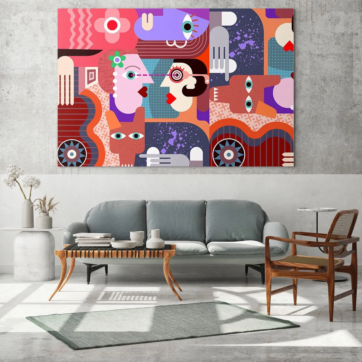 Glasbild - Bild auf glas - Eine abstrakte Komposition aus Gesichtern und Formen in intensiven Farben. - 120x80cm - Augenhöhe - Moderne Wanddekoration für Wohnzimmer und Schlafzimmer ARTTOR