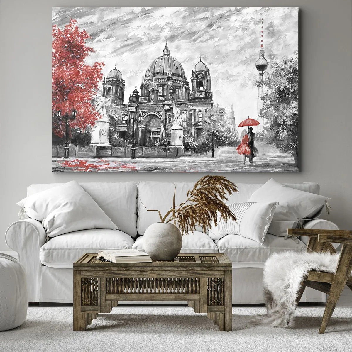 Bild auf Leinwand - Leinwandbild - Schwarz-Weiß-Szene mit Berlin, einem roten Regenschirm und einem Baum - 70x50cm - Berliner Treffen - Moderne Wanddekoration für Wohnzimmer und Schlafzimmer ARTTOR