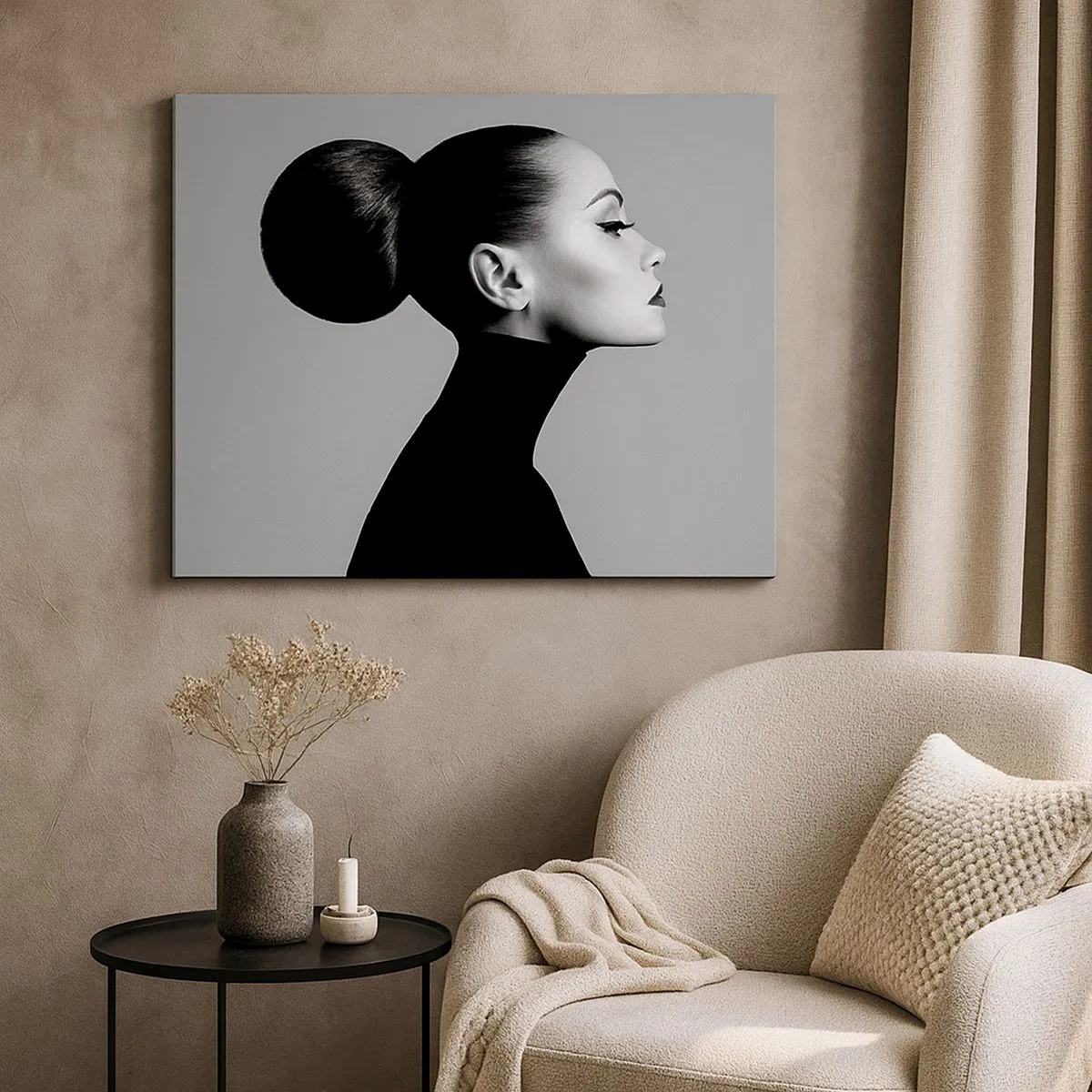 Bild auf Leinwand - Leinwandbild - Profil einer Frau in Schwarz-Weiß mit einem eleganten Dutt - 70x50cm - Moderne Nofretete - Moderne Wanddekoration für Wohnzimmer und Schlafzimmer ARTTOR