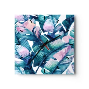 Wanduhr - Glasuhr - Bananenblätter in Blau- und Rosatönen - 30x30cm - In einem Bananenhain - Moderne Wanddekoration für Wohnzimmer und Schlafzimmer ARTTOR