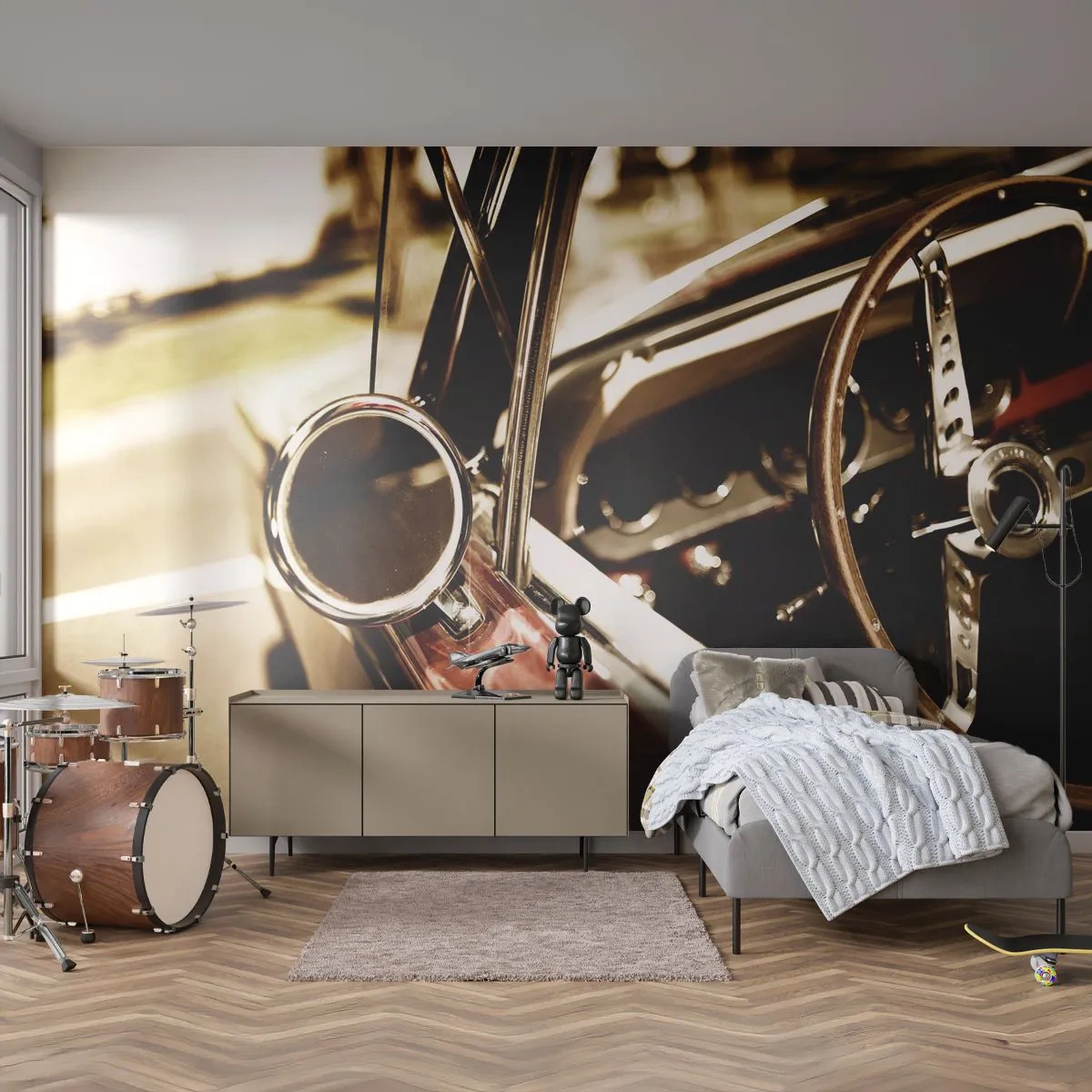 Fototapete Premium Sand - Oldtimer-Interieur im Retro-Stil - 100x70cm - Ein Auto mit Seele - Moderne Wanddekoration für Wohnzimmer und Schlafzimmer ARTTOR