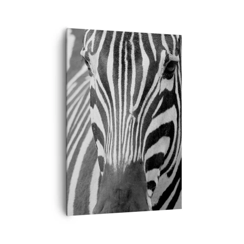 Bild auf Leinwand - Leinwandbild - Eine Schwarz-Weiß-Nahaufnahme eines Zebras mit seinen charakteristischen Streifen. - 70x100cm - Die Welt ist schwarz und weiß - Moderne Wanddekoration für Wohnzimmer und Schlafzimmer ARTTOR