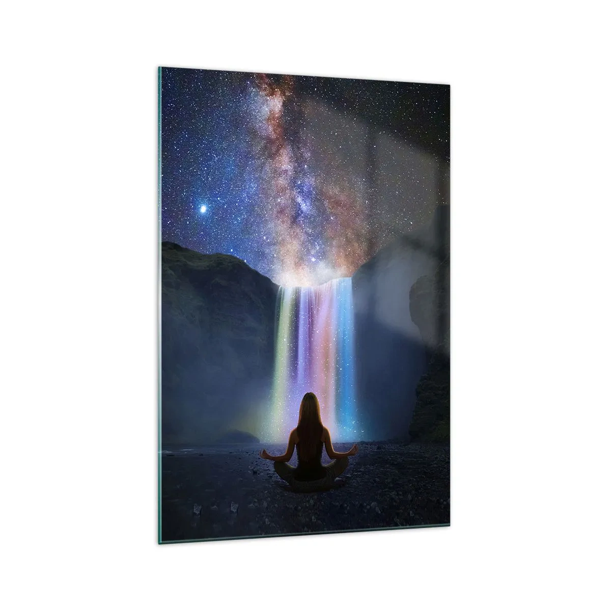 Glasbild - Bild auf glas - Meditation vor einem Wasserfall inmitten der Sterne - 70x100cm - Absolute Harmonie - Moderne Wanddekoration für Wohnzimmer und Schlafzimmer ARTTOR
