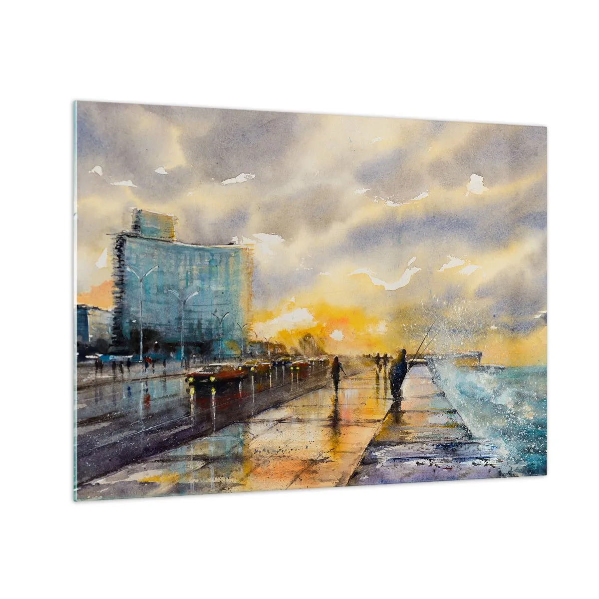 Glasbild - Bild auf glas - Aquarell Küstenstadt mit Sonnenuntergang - 70x50cm - Leben am Ufer - Moderne Wanddekoration für Wohnzimmer und Schlafzimmer ARTTOR