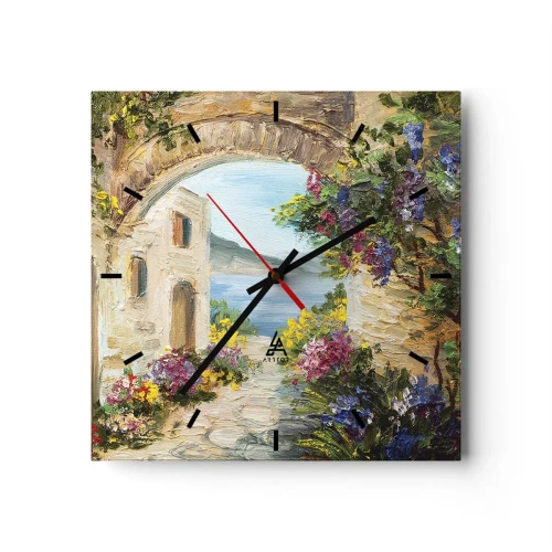 Wanduhr - Glasuhr - Küstenlandschaft mit Steingebäuden und Blumen - 30x30cm - Charme einer Küstenprovinz - Moderne Wanddekoration für Wohnzimmer und Schlafzimmer ARTTOR