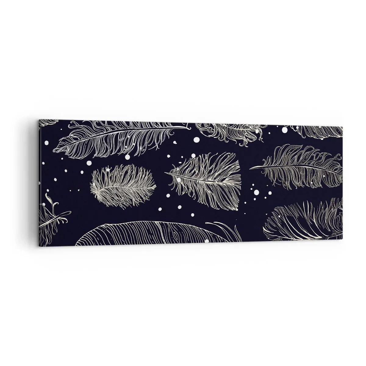 Bild auf Leinwand - Leinwandbild - Zarte weiße Federn auf marineblauem Hintergrund - 140x50cm - Gefiederte Spitze - Moderne Wanddekoration für Wohnzimmer und Schlafzimmer ARTTOR
