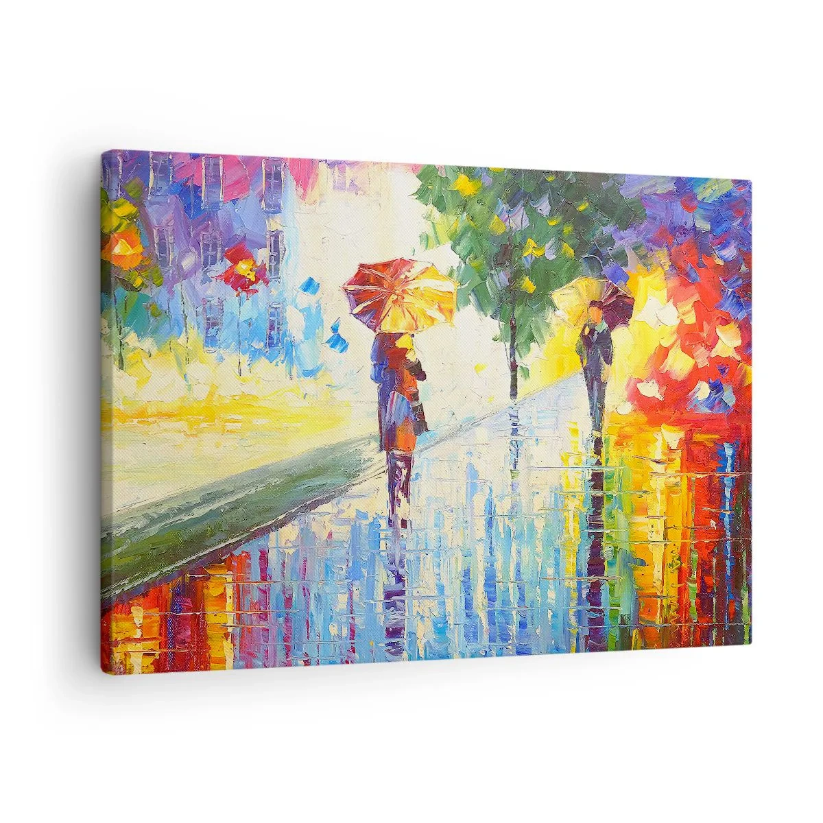 Bild auf Leinwand - Leinwandbild - Ein Spaziergang mit Regenschirm in einer farbenfrohen Regenlandschaft - 70x50cm - Und alles klar - Moderne Wanddekoration für Wohnzimmer und Schlafzimmer ARTTOR
