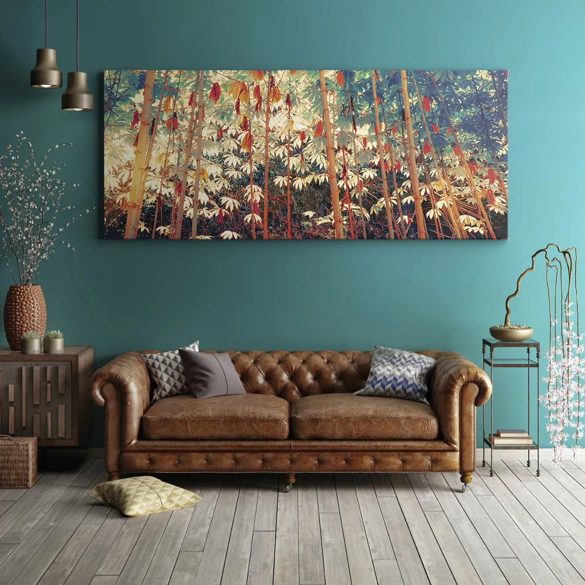 Bild auf Leinwand - Leinwandbild - Ein bunter Bambuswald mit intensiven Farben - 120x50cm - Das geheime Leben der Blätter - Moderne Wanddekoration für Wohnzimmer und Schlafzimmer ARTTOR