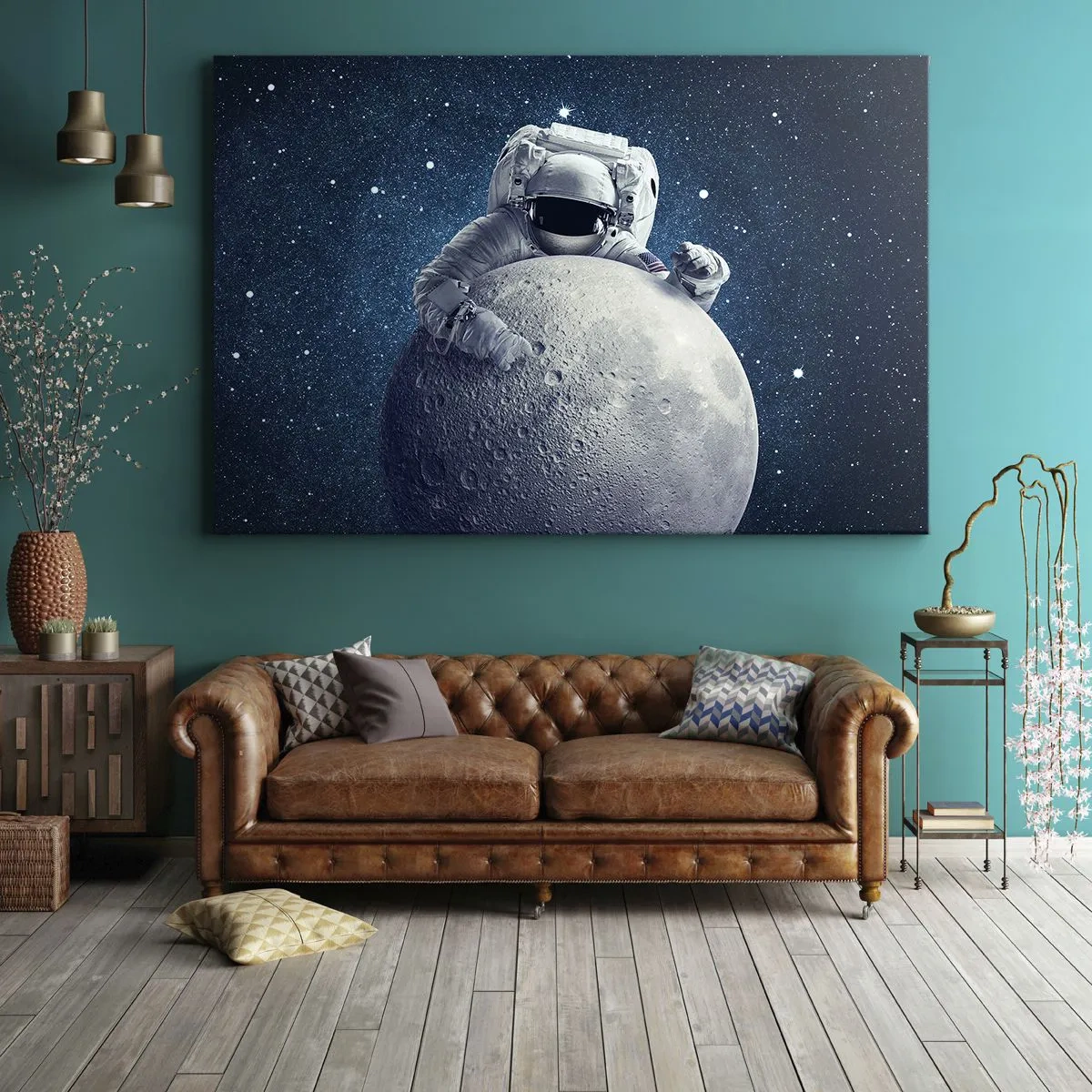 Bild auf Leinwand - Leinwandbild - Astronaut hält den Mond vor einem Sternenhimmel - 100x70cm - Weltraumjoker - Moderne Wanddekoration für Wohnzimmer und Schlafzimmer ARTTOR