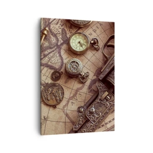 Bild auf Leinwand - Leinwandbild - Antike Gegenstände auf einer alten Karte im Retro-Stil - 50x70cm - Das Abenteuer ruft - Moderne Wanddekoration für Wohnzimmer und Schlafzimmer ARTTOR