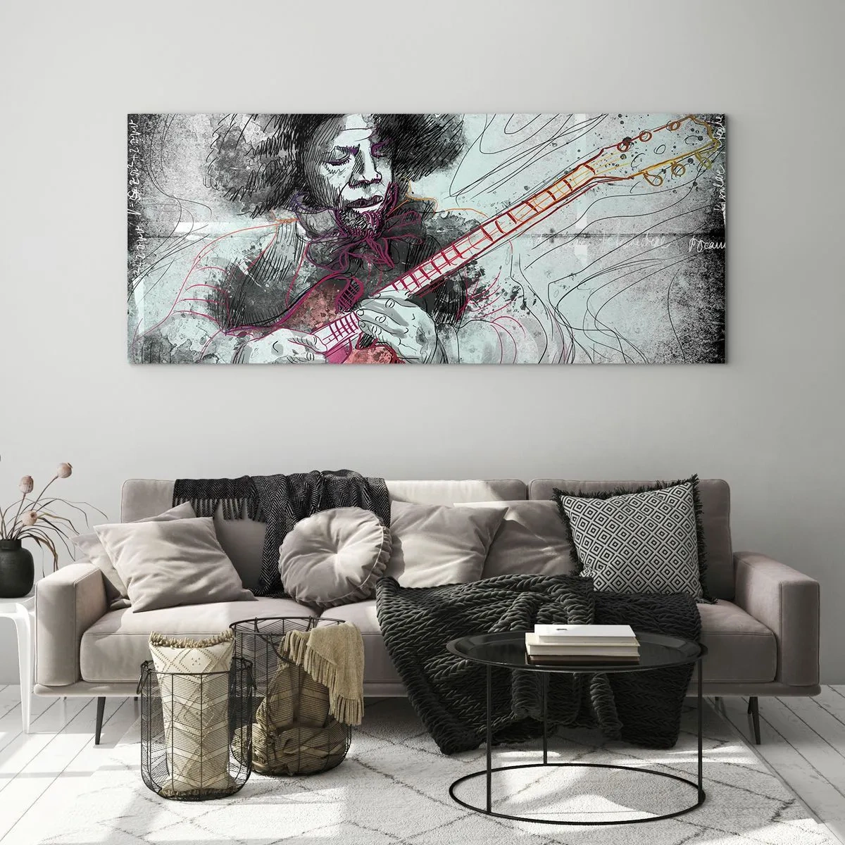 Glasbild - Bild auf glas - Künstlerisches Portrait eines Gitarristen in der Skizzentechnik - 140x50cm - Auf den Wellen der Musik - Moderne Wanddekoration für Wohnzimmer und Schlafzimmer ARTTOR