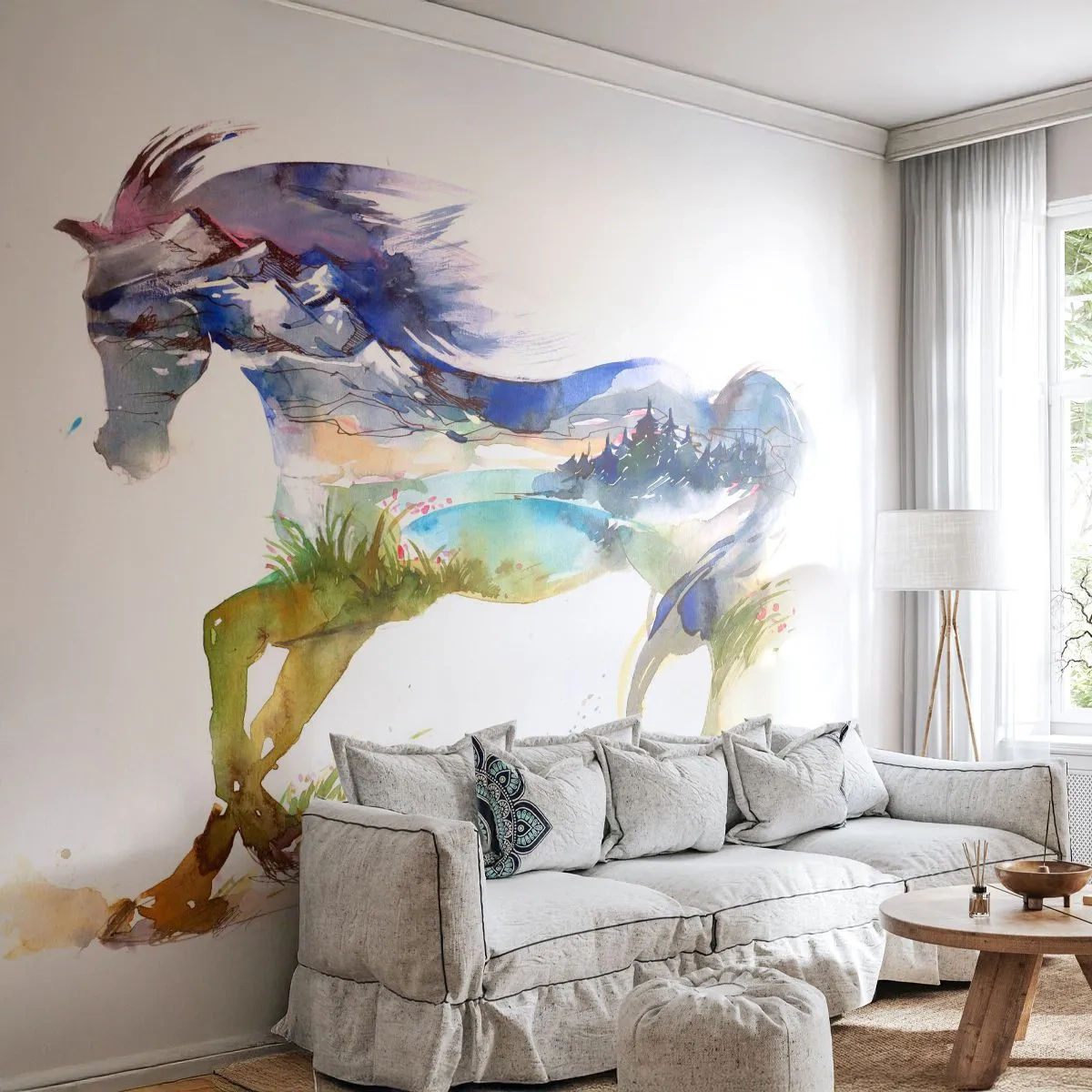 Selbstklebende Fototapete Deluxe Sticker - Von der Wiese direkt in den Himmel - Pferd, Abstraktion, Landschaft - 500x350 cm