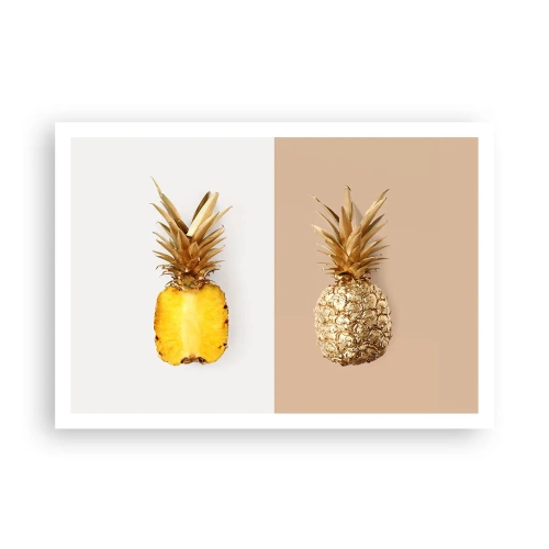 Poster - Eine halbe frische, goldene Ananas auf kontrastierendem Hintergrund - 100x70cm - Ananas für uns - Moderne Wanddekoration für Wohnzimmer und Schlafzimmer ARTTOR