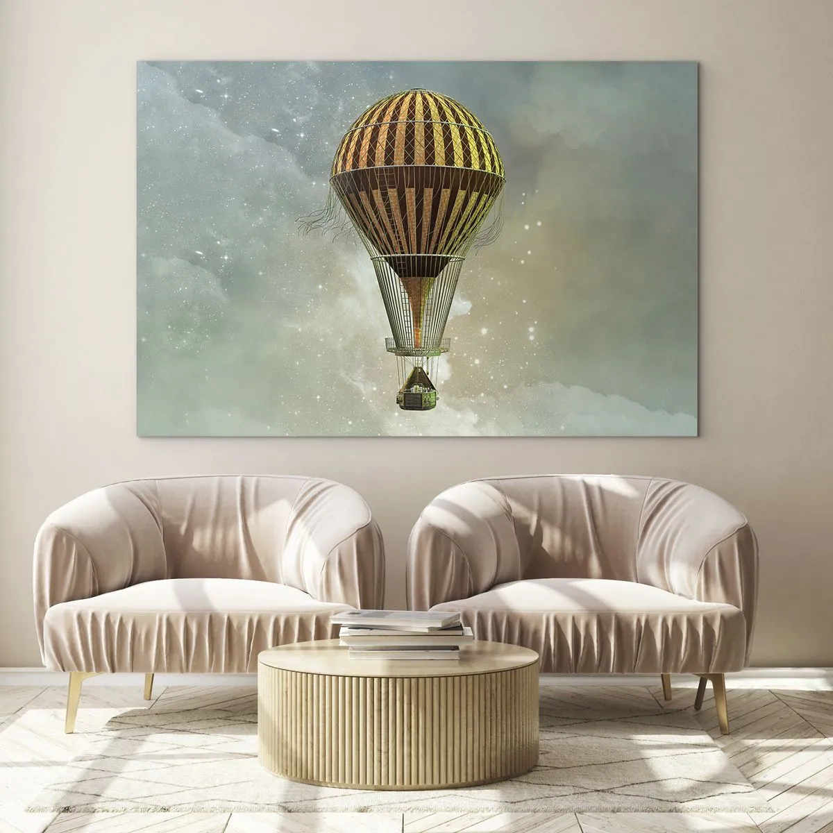 Glasbild - Bild auf glas - Ein stilisierter Ballon vor dem Hintergrund eines Sternenhimmels und Wolken. - 100x70cm - Pionierflüge - Moderne Wanddekoration für Wohnzimmer und Schlafzimmer ARTTOR