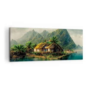 Bild auf Leinwand - Leinwandbild - Eine tropische Insel mit Palmen und Bergen im Hintergrund - 120x50cm - Tropisches Paradies - Moderne Wanddekoration für Wohnzimmer und Schlafzimmer ARTTOR