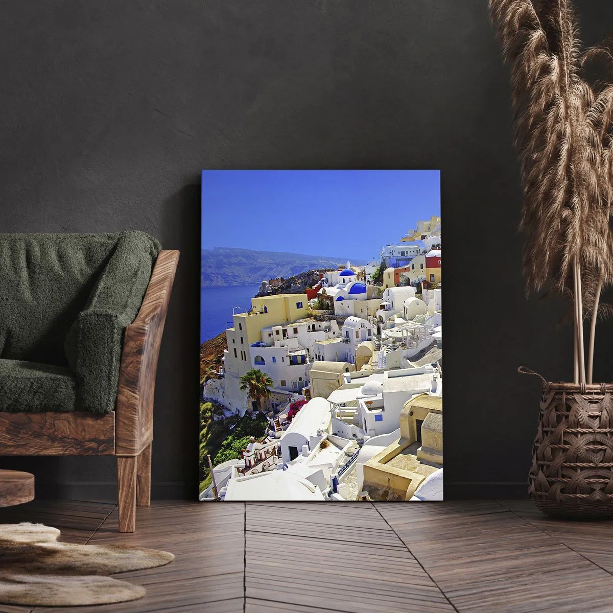 Bild auf Leinwand - Leinwandbild - Panorama von Santorini mit weißen Häusern und blauem Himmel - 50x70cm - Der Traum vom griechischen Sommer - Moderne Wanddekoration für Wohnzimmer und Schlafzimmer ARTTOR