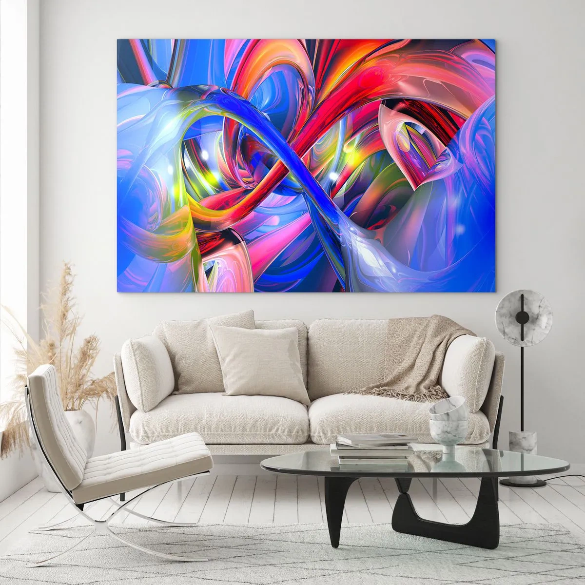 Glasbild - Bild auf glas - Abstrakte, farbenfrohe Linien und energetische Dynamik - 100x70cm - Ein Tanz der Farben - Moderne Wanddekoration für Wohnzimmer und Schlafzimmer ARTTOR