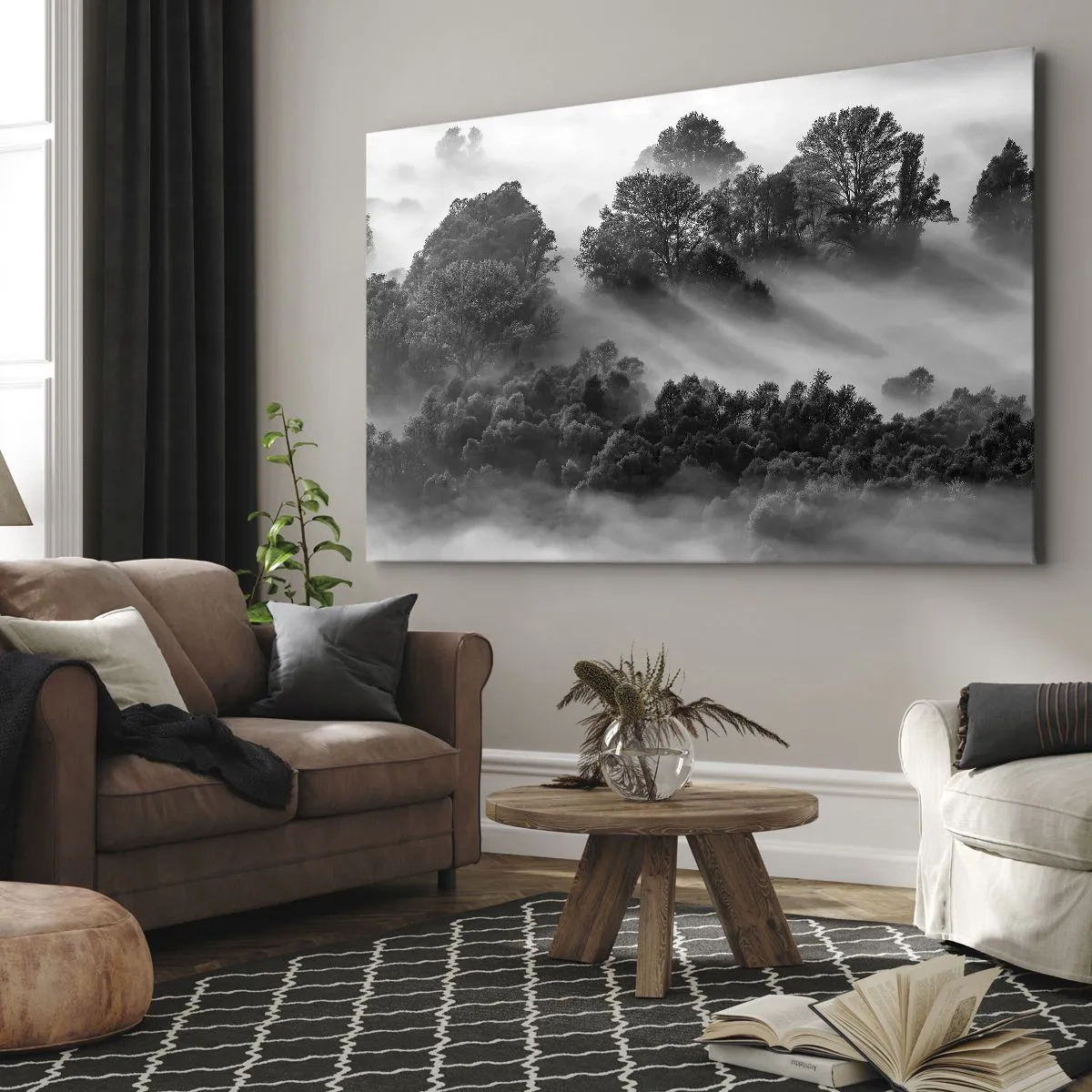 Bild auf Leinwand - Leinwandbild - Schwarz-weiße Waldlandschaft im Morgennebel - 70x50cm - Aufstehend aus dem Schlaf - Moderne Wanddekoration für Wohnzimmer und Schlafzimmer ARTTOR