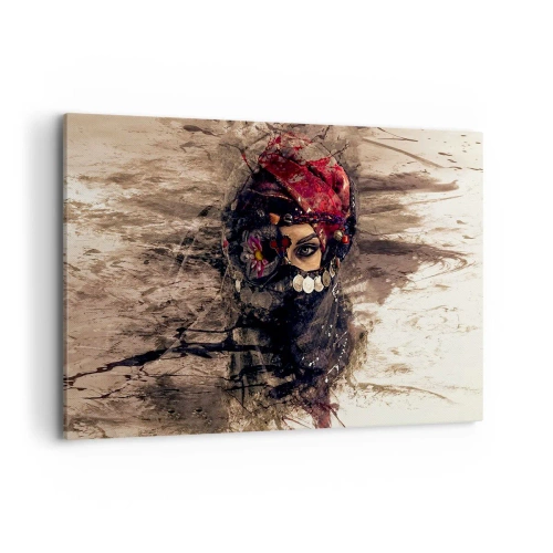 Bild auf Leinwand - Leinwandbild - Künstlerisches Porträt einer Frau in orientalischer Kleidung vor abstraktem Hintergrund. - 120x80cm - Gelinde gesagt besorgniserregend - Moderne Wanddekoration für Wohnzimmer und Schlafzimmer ARTTOR