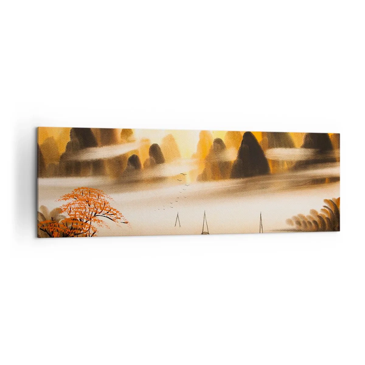 Bild auf Leinwand - Leinwandbild - Eine orientalische Landschaft mit Fluss, Bergen und sanftem Nebel. - 160x50cm - Weiter als im Fernosten - Moderne Wanddekoration für Wohnzimmer und Schlafzimmer ARTTOR