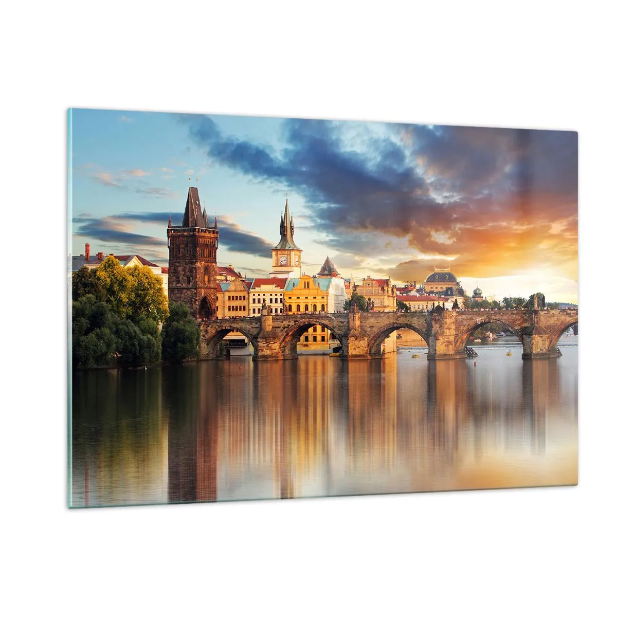 Glasbild - Bild auf glas - Karlsbrücke bei Sonnenuntergang mit malerischen Gebäuden im Hintergrund - 120x80cm - Schön seit Ewigkeiten - Moderne Wanddekoration für Wohnzimmer und Schlafzimmer ARTTOR