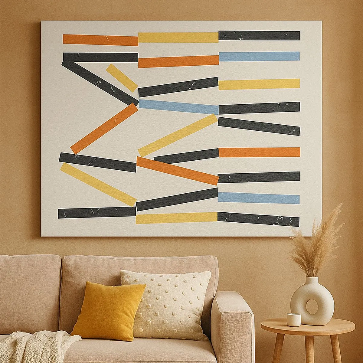 Bild auf Leinwand - Leinwandbild - Abstrakte Komposition mit farbigen und schwarzen Rechtecken in horizontaler Anordnung - 70x50cm - Komposition auf der Ebene - Moderne Wanddekoration für Wohnzimmer und Schlafzimmer ARTTOR