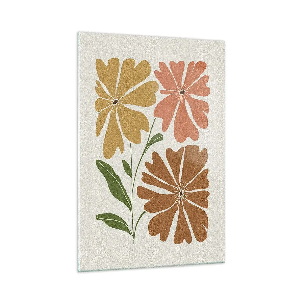 Glasbild - Bild auf glas - Drei Blumen in warmen Farben auf hellem Hintergrund - 70x100cm - Natur und Geometrie - Moderne Wanddekoration für Wohnzimmer und Schlafzimmer ARTTOR