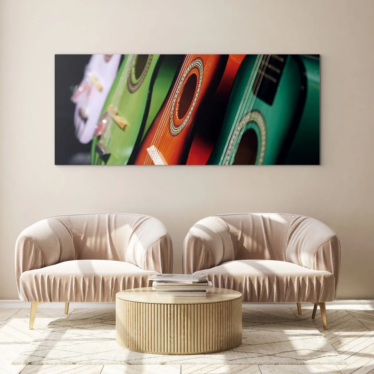 Glasbild - Bild auf glas - Bunte Gitarren in verschiedenen Farbtönen in einer Reihe angeordnet - 120x50cm - Die Gitarre hat viele Farben - Moderne Wanddekoration für Wohnzimmer und Schlafzimmer ARTTOR