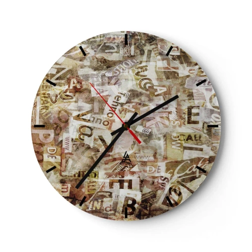 Wanduhr - Glasuhr - Abstrakte Komposition mit Buchstaben in Beige- und Brauntönen - 30x30cm - Ich vereinige das Geschwätz - Moderne Wanddekoration für Wohnzimmer, Küche und Schlafzimmer ARTTOR