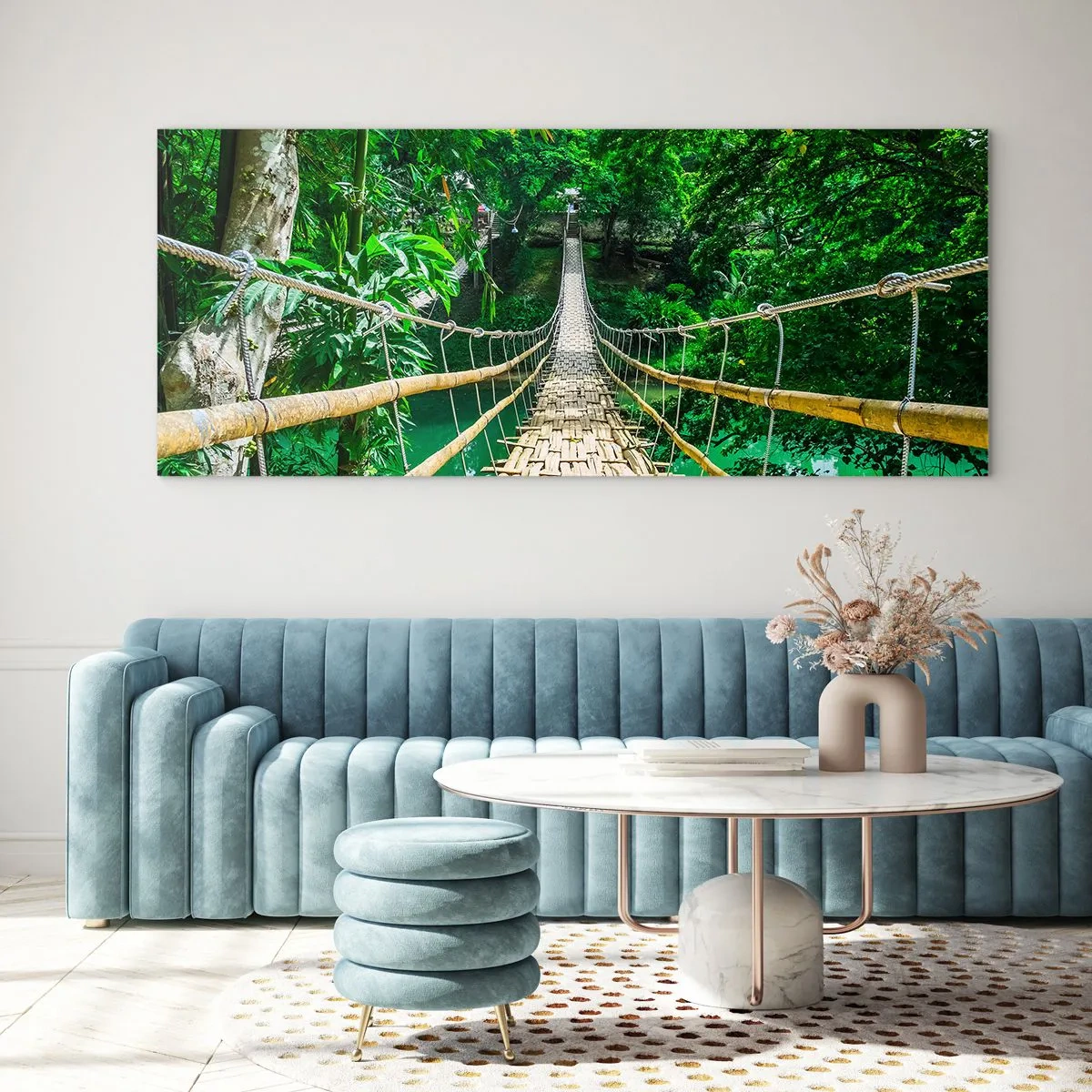 Glasbild - Bild auf glas - Monkey Bridge über das Grün - 100x40 cm