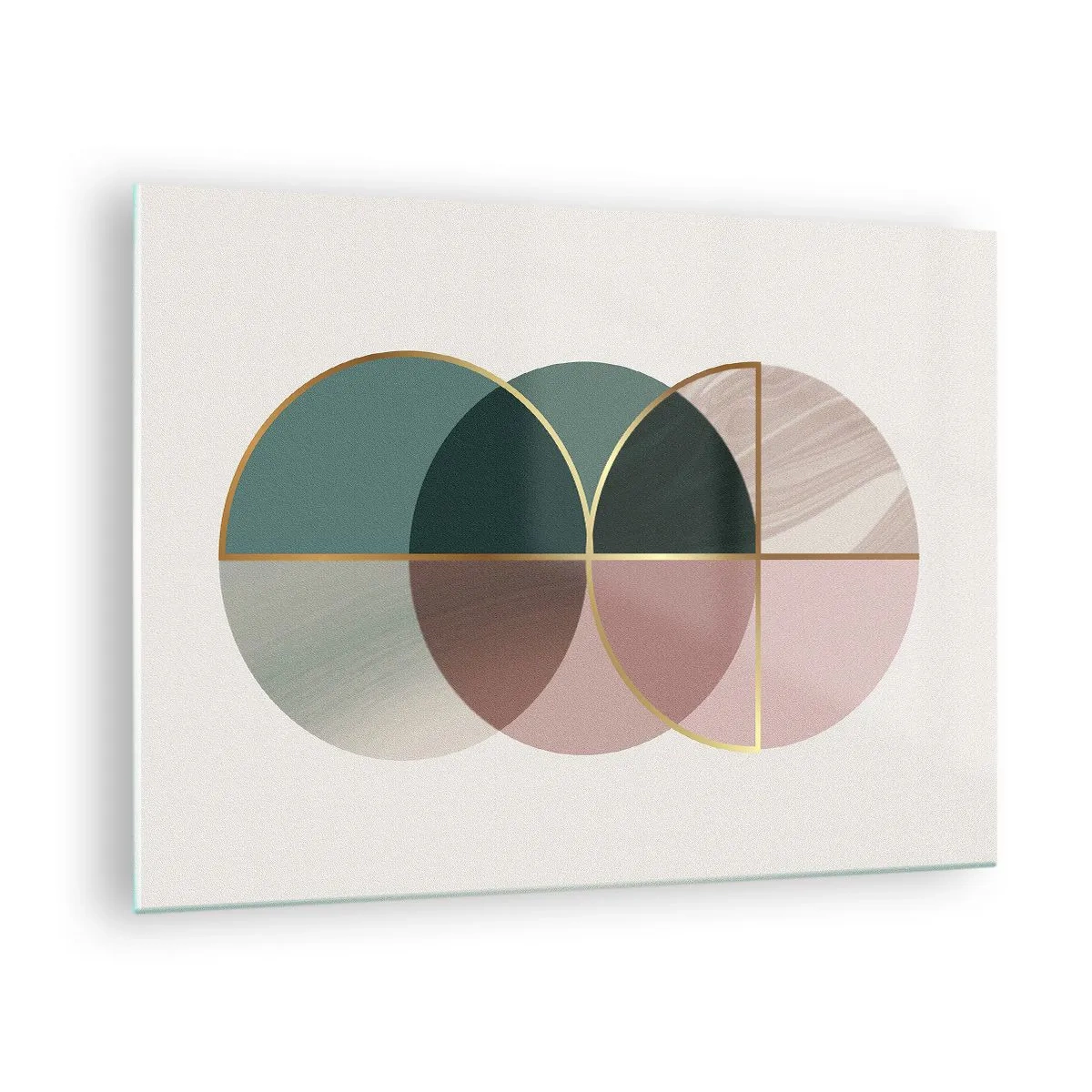 Glasbild - Bild auf glas - Geometrische Formen in Grün- und Rosatönen auf hellem Hintergrund - 70x50cm - Ein Rad hinter dem anderen… - Moderne Wanddekoration für Wohnzimmer und Schlafzimmer ARTTOR
