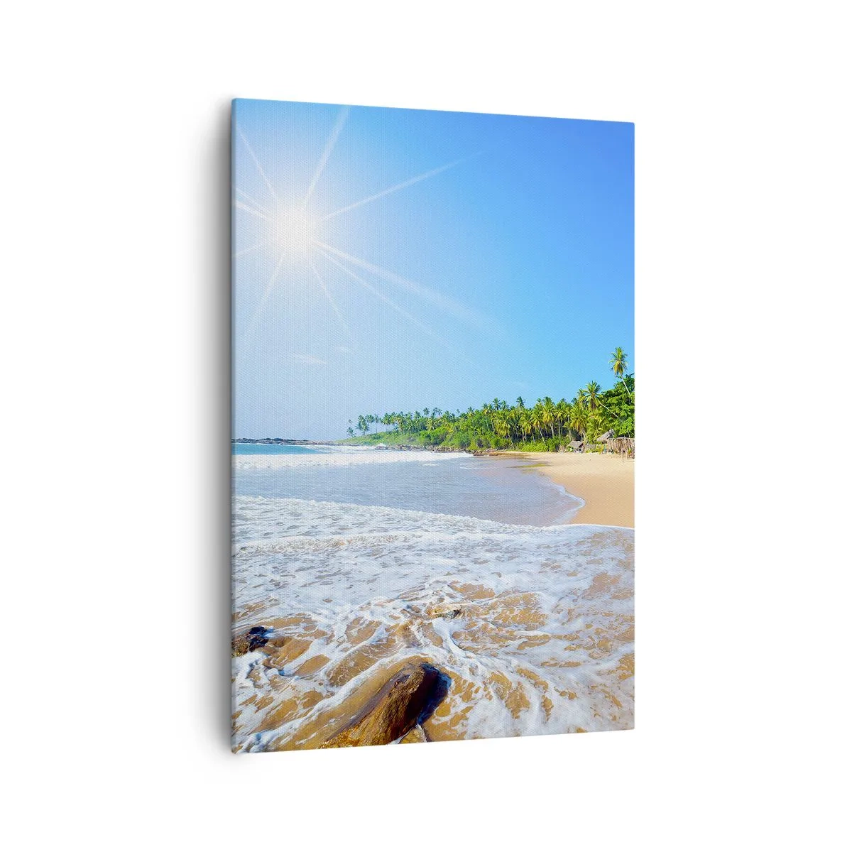 Bild auf Leinwand - Leinwandbild - Tropischer Strand mit Palmen und blauem Himmel - 70x100cm - Ein exotischer Ort für dich - Moderne Wanddekoration für Wohnzimmer und Schlafzimmer ARTTOR