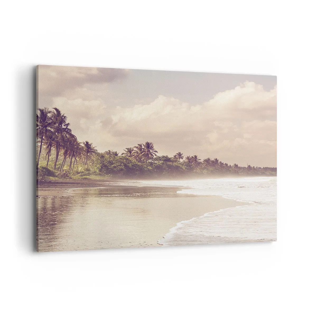 Bild auf Leinwand - Leinwandbild - Ein Strand mit Palmen und sanften Wellen am Morgen - 100x70cm - Die Liebkosung der Wellen - Moderne Wanddekoration für Wohnzimmer und Schlafzimmer ARTTOR