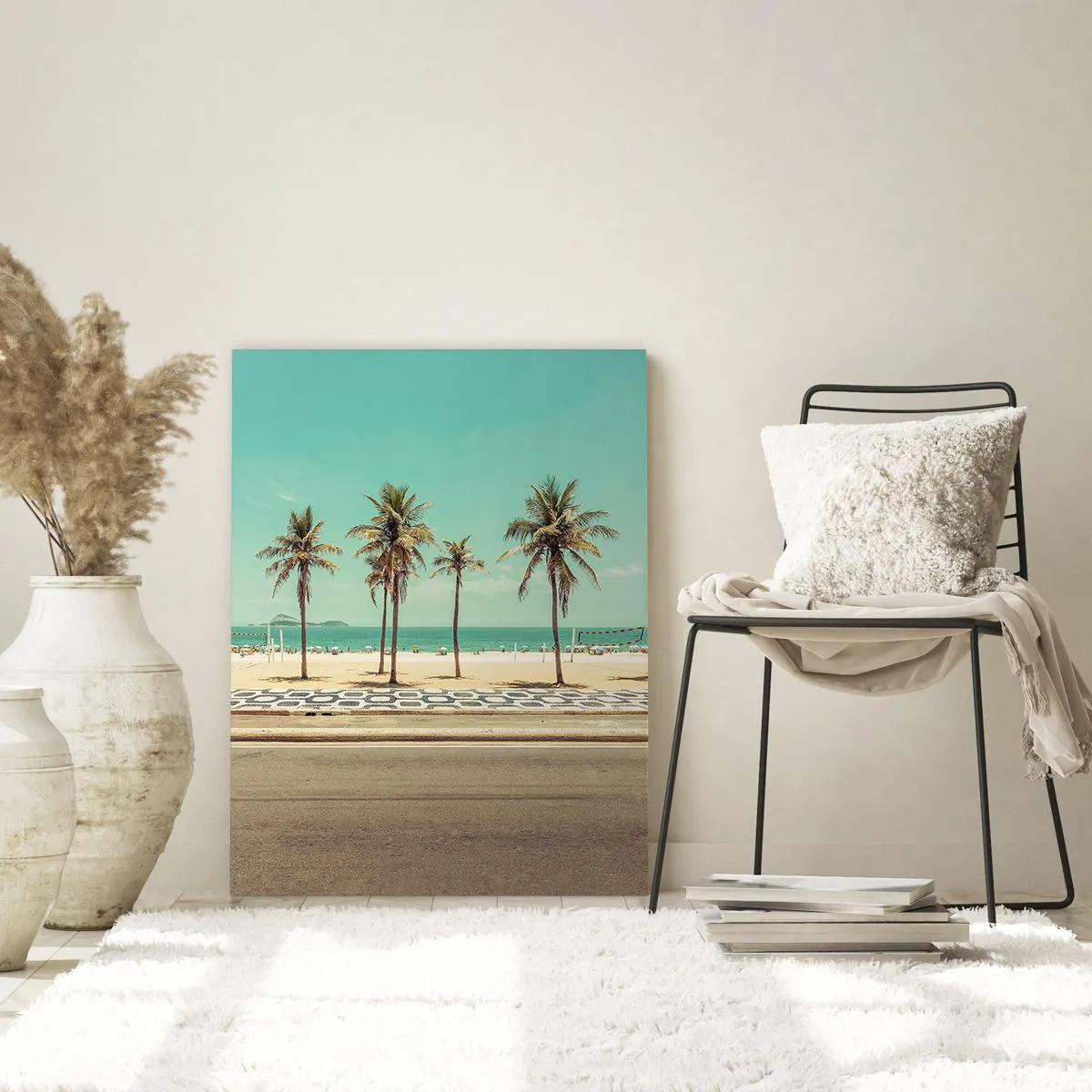 Glasbild - Bild auf glas - Palmen am Strand mit Blick auf das Meer und den blauen Himmel - 70x100cm - Beim Bewachen des Strandes - Moderne Wanddekoration für Wohnzimmer und Schlafzimmer ARTTOR