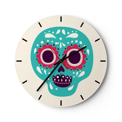 Wanduhr - Glasuhr - Bunter Totenkopf im mexikanischen Stil auf hellem Hintergrund - 30x30cm - Das Leben – Spaß bis zum Tod - Moderne Wanddekoration für Wohnzimmer, Küche und Schlafzimmer ARTTOR