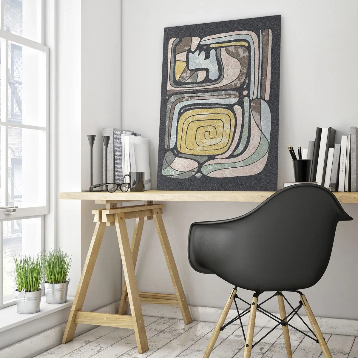 Glasbild - Bild auf glas - Geometrische Abstraktion in erdigen Farben auf schwarzem Hintergrund - 50x70cm - Abstraktion im präkolumbianischen Geist - Moderne Wanddekoration für Wohnzimmer und Schlafzimmer ARTTOR