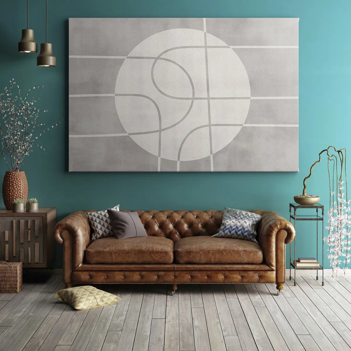 Bild auf Leinwand - Leinwandbild - Geometrisches Muster in Grau- und Weißtönen - 70x50cm - Kreisförmig und geradeaus - Moderne Wanddekoration für Wohnzimmer und Schlafzimmer ARTTOR