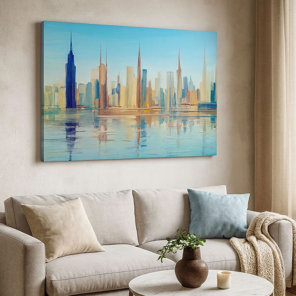 Bild auf Leinwand - Leinwandbild - Ein Panorama der Stadt in warmen Farben mit Spiegelung im Wasser - 70x50cm - Sonnige Metropole - Moderne Wanddekoration für Wohnzimmer und Schlafzimmer ARTTOR