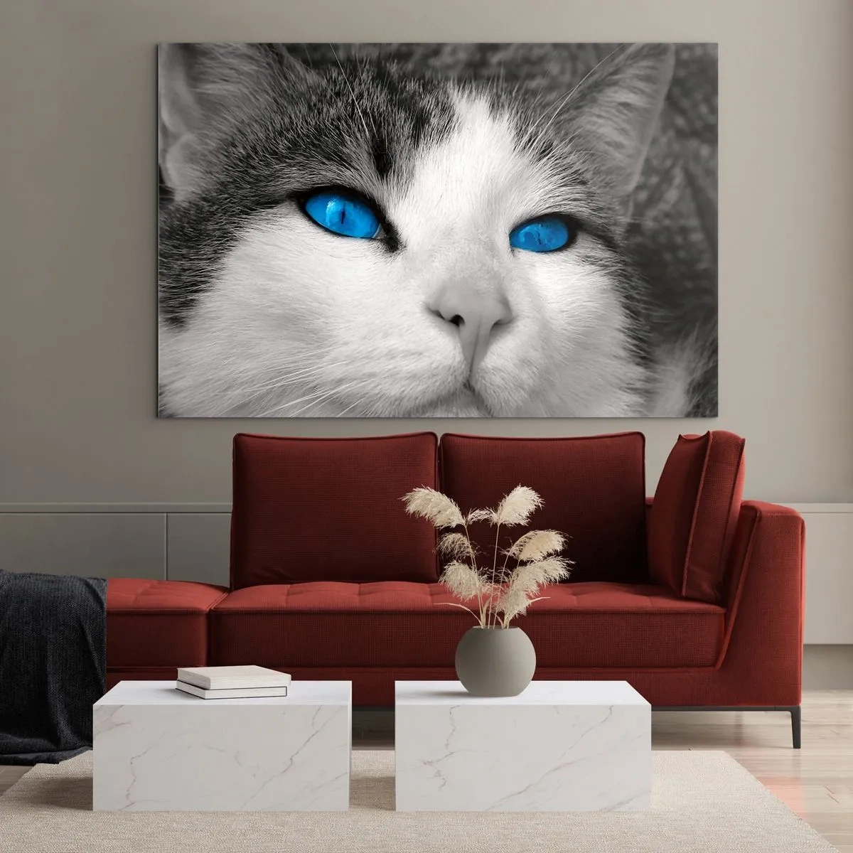 Glasbild - Bild auf glas - Ein Schwarzweißfoto einer Katze mit intensiv blauen Augen. - 120x80cm - Ungewöhnlich blauäugig - Moderne Wanddekoration für Wohnzimmer und Schlafzimmer ARTTOR