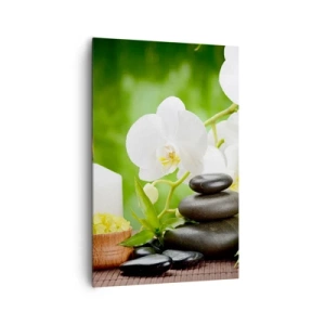 Bild auf Leinwand - Leinwandbild - Orchideen, Kerzen und Steine inmitten der Natur - 80x120cm - Duftige, blumige, zarte Berührung - Moderne Wanddekoration für Wohnzimmer und Schlafzimmer ARTTOR