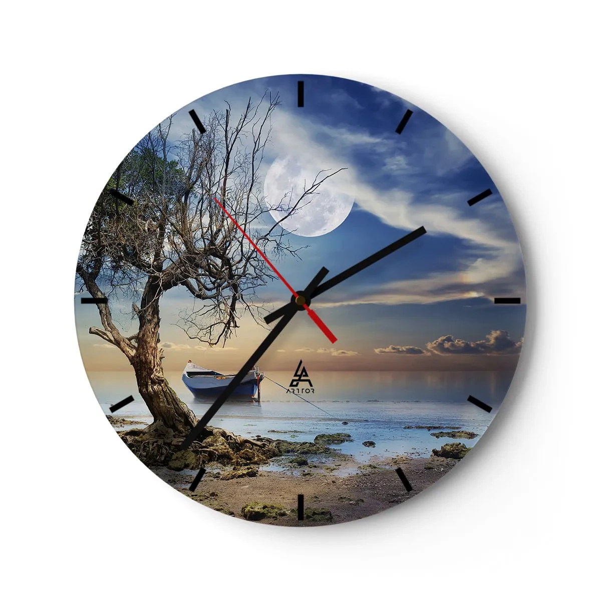 Wanduhr - Glasuhr - Ein Boot am Ufer mit dem Mond im Hintergrund - 30x30cm - Ist das das Ende oder der Anfang? - Moderne Wanddekoration für Wohnzimmer, Küche und Schlafzimmer ARTTOR